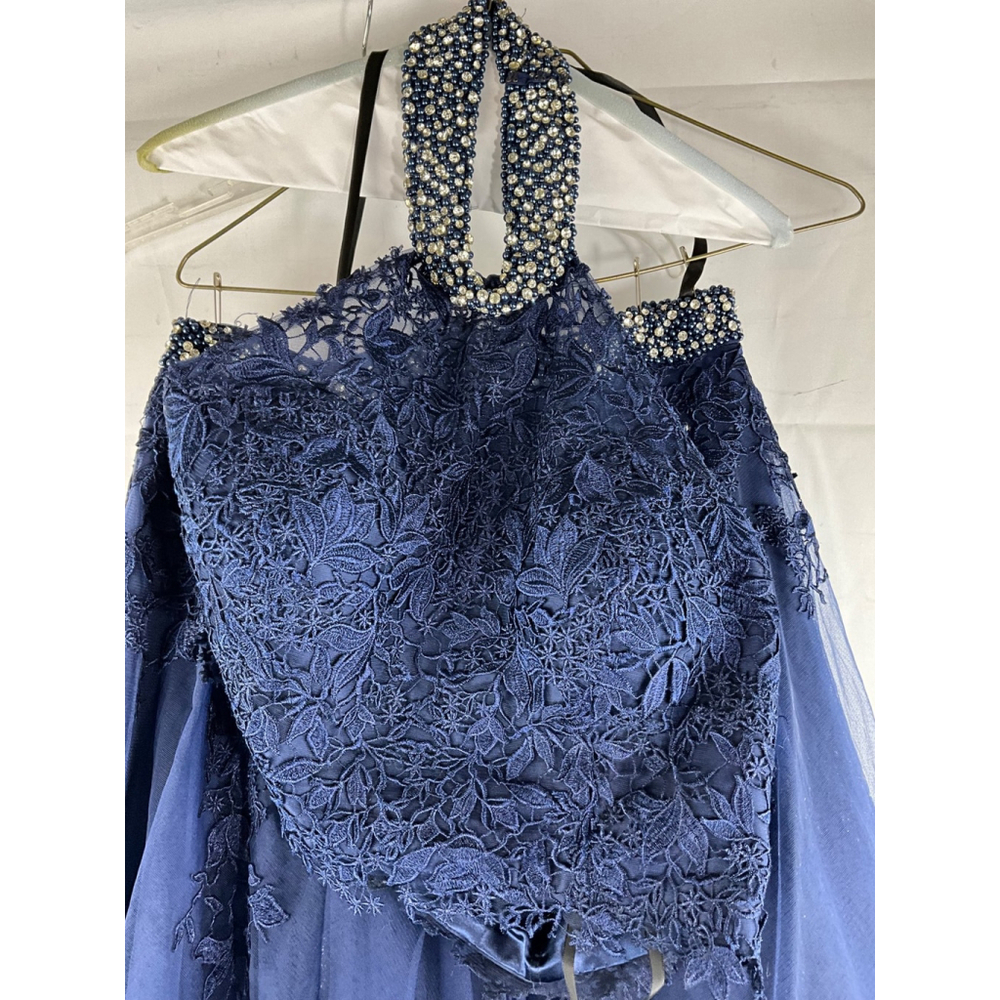 Jovani Beaded Halter Neck Formal Gown Navy Blue Lace Crystals Size 12 Used - Picture 4 of 9